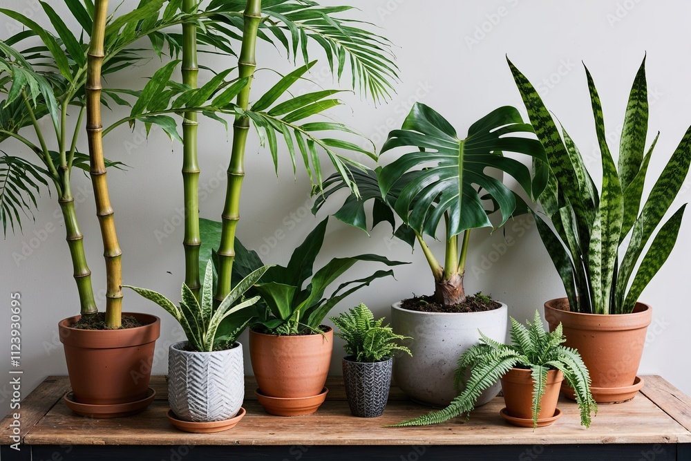 Fototapeta premium Lush Tropical Plant Gathering: Bamboo Palm, Fig Tree, Monstera, Fern, and Snake Plant Collection