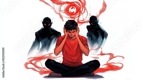 A Young Man's Struggle with Internal Demons: A Visceral Depiction of Mental Anguish and Inner Conflict