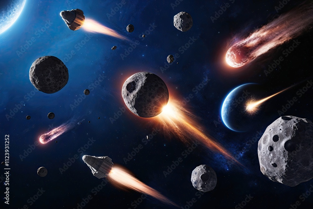 Naklejka premium Flying Asteroids and Comets Collection Isolated in Space Background