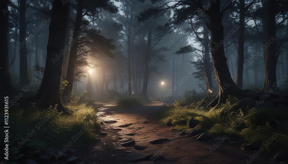 Fototapeta premium A faint light source illuminates a darkened forest path, flickering lantern, nighttime walkway