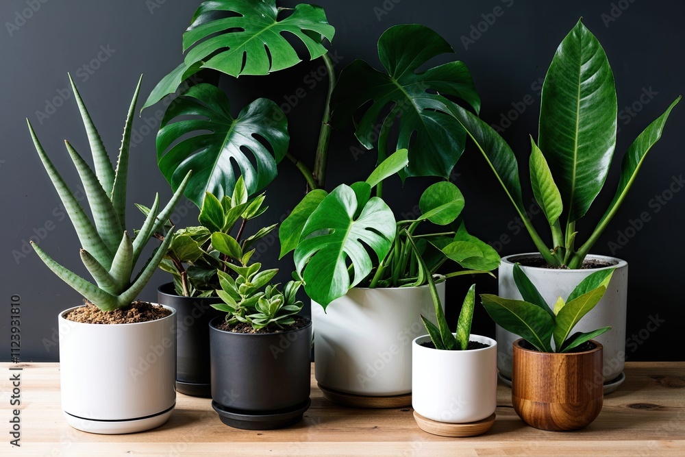 Fototapeta premium Lush Indoor Plant Medley: Aloe Vera, Croton, Monstera, Fiddle Leaf, and Rubber Plant Collection
