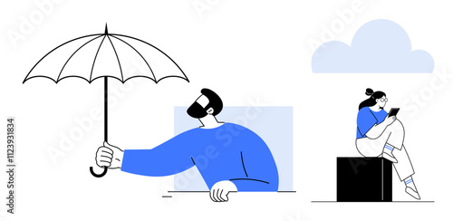 Man holds an umbrella, protecting himself, while a woman on a black cube reads under a cloud. Ideal for weather, protection, reading, solitude, minimalism outdoor activity self-care. Line metaphor