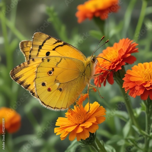 Clouded yellow butterfly (Colias croceus) sipping nectar from a marigold flower with vibrant orange-red color, insects, colias crocus, orange red photo