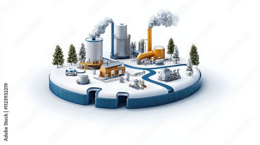 Obraz premium A snowy industrial landscape featuring factories, smoke, and trees, depicting a winter scene of manufacturing and environmental impact.