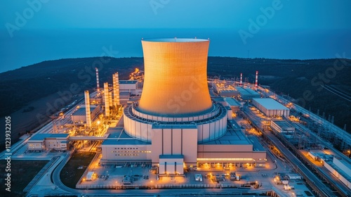Wallpaper Mural A nuclear power plant illuminated at dusk, showcasing its cooling tower and industrial structures in a serene landscape. Torontodigital.ca