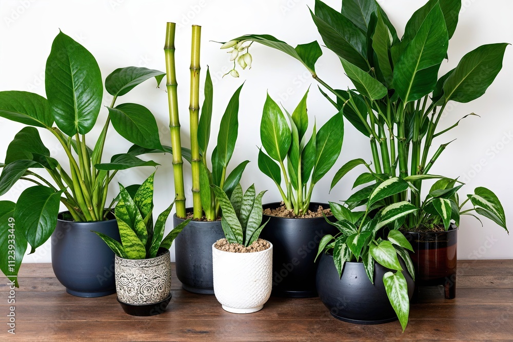 Obraz premium Stunning Indoor Plant Cluster with Calathea Bamboo Peace Lily Snake Plant and Pothos