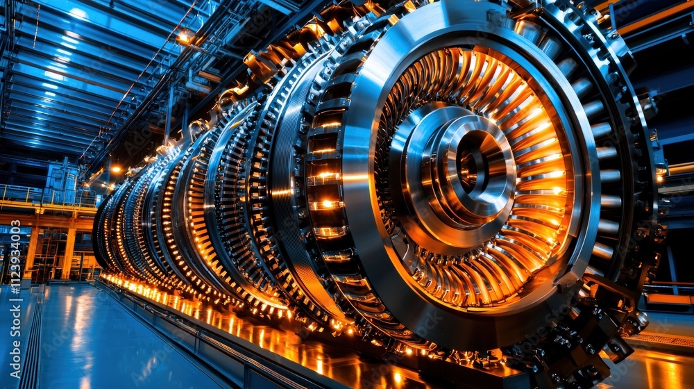 Fototapeta premium A close-up view of a large industrial turbine, showcasing intricate details and glowing components in a high-tech environment.