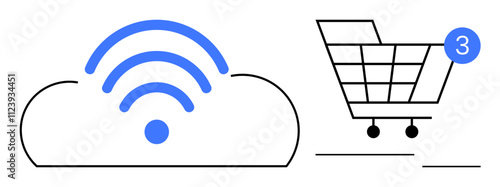 Cloud with wireless signal lines and blue dot, a shopping cart with a notification bubble showing three items. Ideal for e-commerce, cloud services, technology, online shopping, digital business