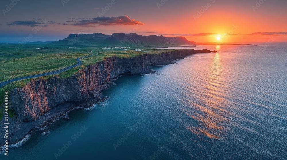 Fototapeta premium A stunning coastal sunset over cliffs and calm waters, highlighting natural beauty.