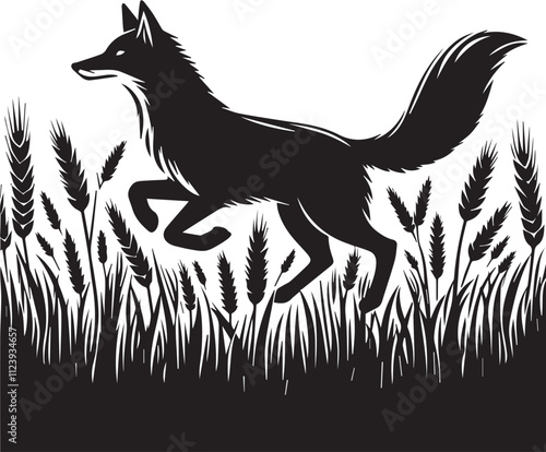 A silhouette of a fox running through a field of tall wheat vector photo