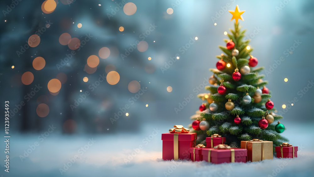Obraz premium A Vibrant Low Poly Christmas Tree with Colorful Ornaments and Presents Set Against a Softly Falling Snow Background