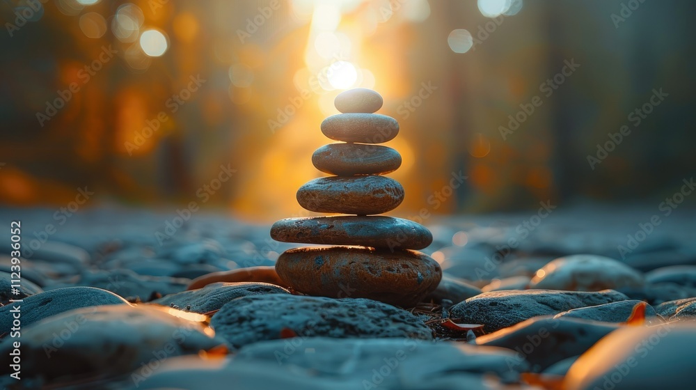 Obraz premium Balanced stones at sunset in a forest.