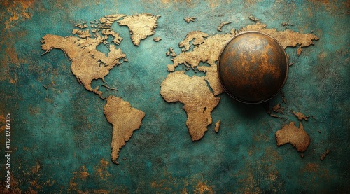 Antique globe on aged world map background. photo