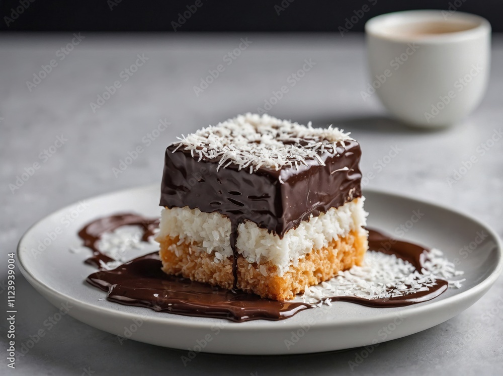 A single square Lamington placed in the center of a clean white ceramic plate. A single square Lamington placed in the center of a clean white ceramic plate.