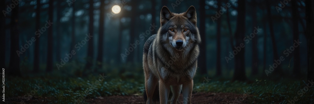 Fototapeta premium Majestic Wolf Stands Tall in Moonlit Forest