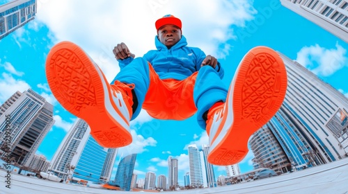 Urban Leap of Faith: A vibrant, dynamic young man in bold orange and blue streetwear takes a leap, captured from a low-angle fisheye perspective against a backdrop of towering skyscrapers.