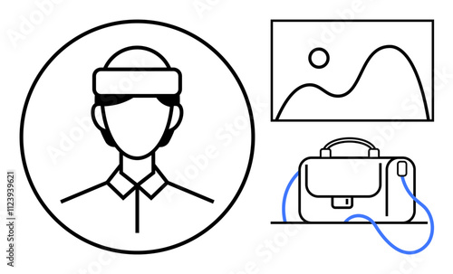 Person wearing VR headset in a circle, connected to a landscape art and handbag via a digital line. Ideal for technology, art, travel, VR experiences, connectivity, futuristic concepts, and digital