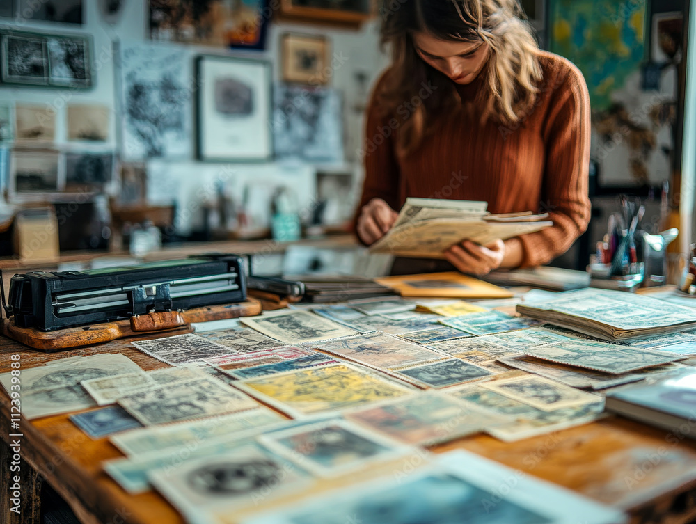 Fototapeta premium Hobbyist Organizing Stamp Collection in Minimalist Room, Detail and Passion