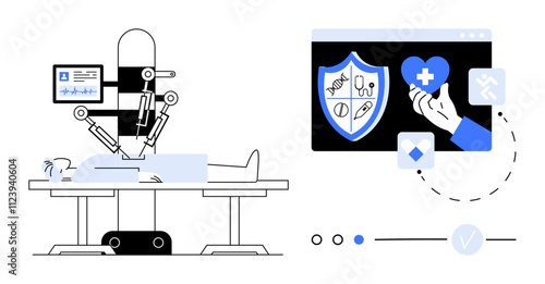 Patient undergoing robotic surgery while a digital display shows medical caregiver hand holding heart and health shield. Ideal for healthcare, technology, innovation, medicine, surgery, robotics