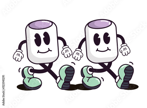 Couple of smile funny retro outline marshmallow characters in trendy groovy style. Merry Christmas and Happy New Year vibes 70s, 80s, 90s. Trendy cute mascot retro party style