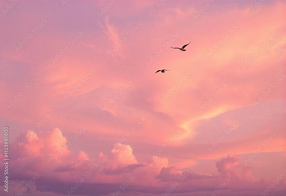 Fototapeta premium Fantasy sky at sunset with vibrant cotton candy pink pastel clouds swirling in a lavender background, silhouetted birds flying in the distance