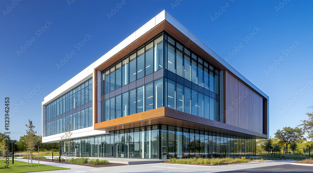 Fototapeta premium Elegant Glass-Fronted Office Tower in a Modern Urban Setting Perfect for Corporate Professionals