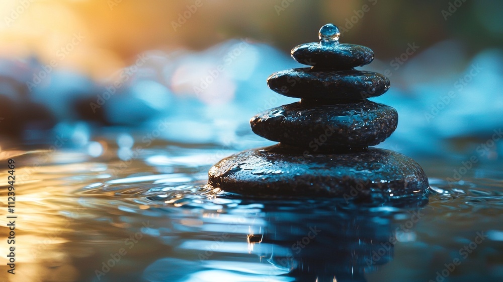 Obraz premium Zen stones in water with a golden sunset reflection