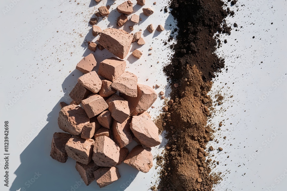 Fototapeta premium Aerial Perspective of Cascading Clay Fragments and Soil Pile on Bright White Surface