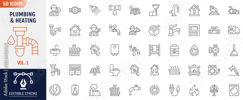 Plumbing and Heating Icon set. Containing pipes, boilers, tools, and more. Editable stroke. Vector illustration