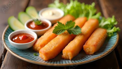 A Culinary Artwork: Colorful Arrangement of Frozen Fish Sticks with Dipping Sauces and Fresh Vegetables photo