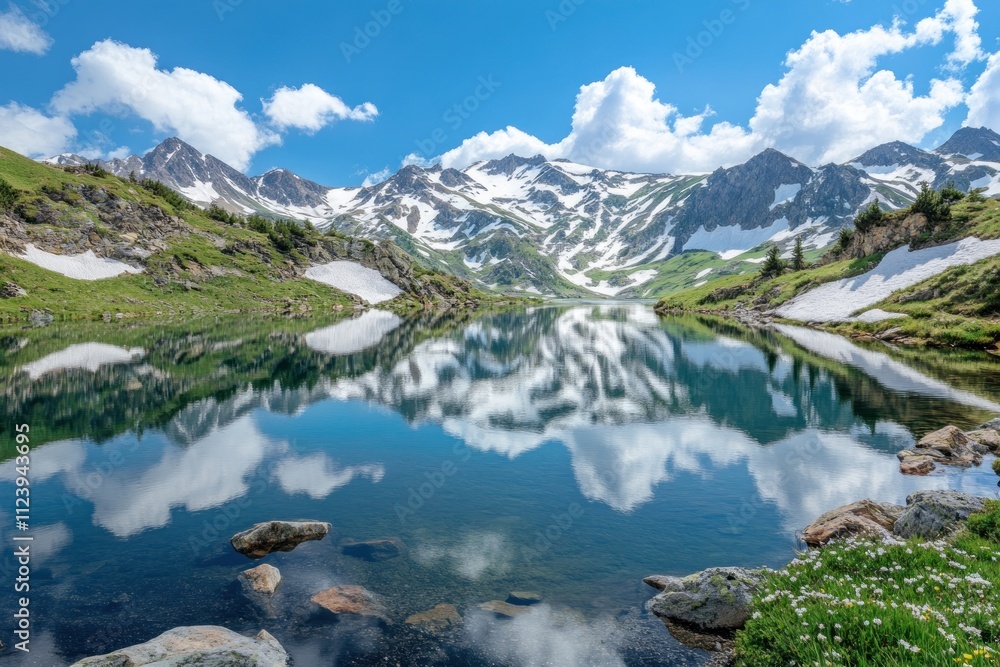 Fototapeta premium Serene alpine lake reflects mountains and clouds.