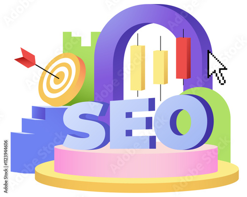 Lettering SEO with target, graphs and podiums text