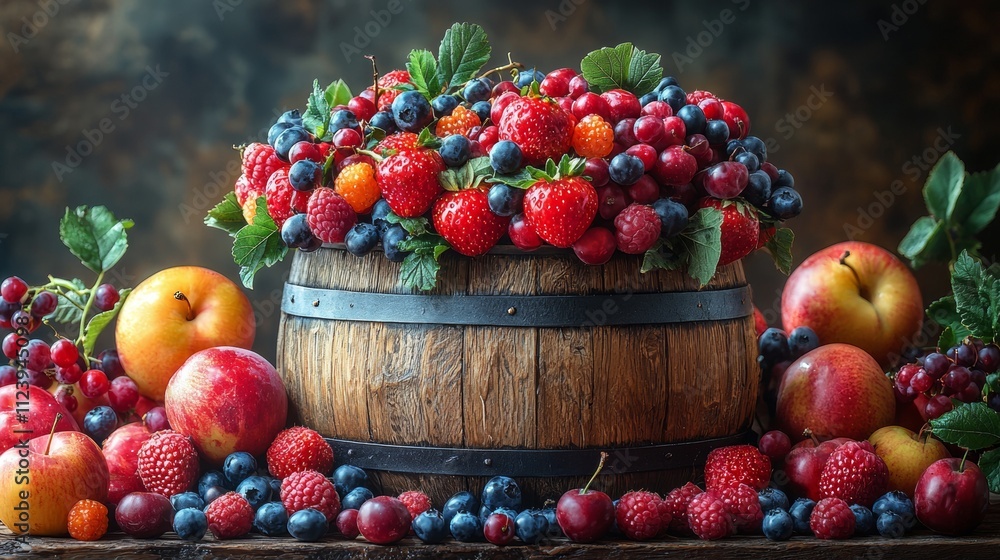 Rustic wooden barrel filled with vibrant fresh berries Rustic wooden barrel filled with vibrant fresh berries