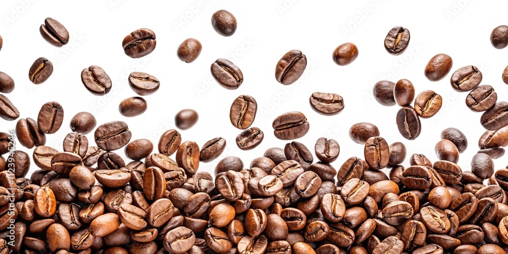 Obraz premium Falling coffee beans isolated on white background, coffee, beans, falling, isolated, white, background, energy, aroma, morning