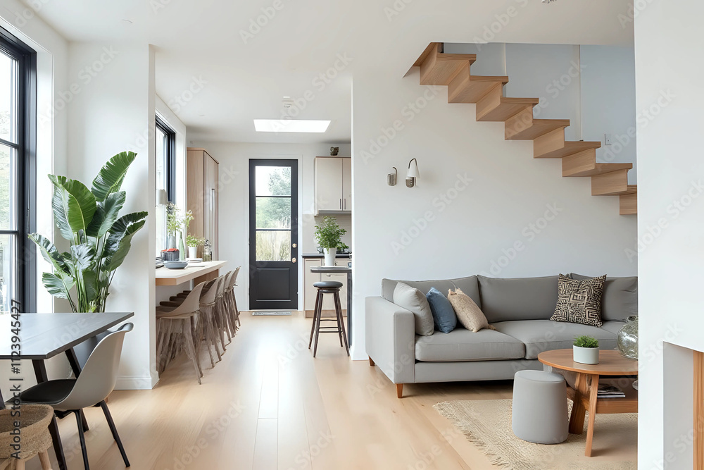 Fototapeta premium Contemporary home with minimal furnishings and decor light wood floor stairs white walls large windows with black frames.