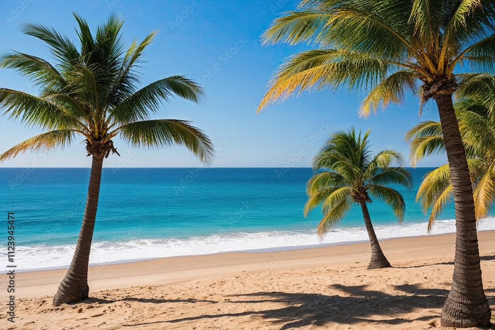 Fototapeta premium Colorful Seaside Horizon with Lush Palm Trees and Sandy Beach