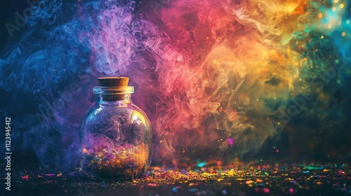 Magic potion bottle with colorful smoke and glitter