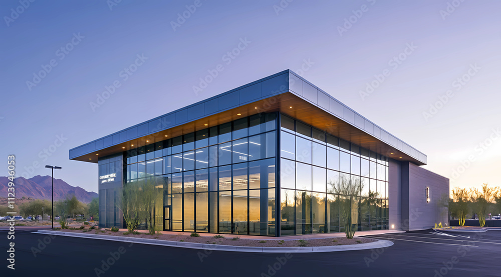 Fototapeta premium Urban Commercial Building Featuring Expansive Glass Windows and Contemporary Design