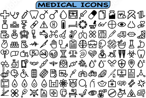 A comprehensive collection of medical icons designed to represent a wide range of healthcare concepts. This versatile set includes symbols for various medical equipment, procedures, conditions