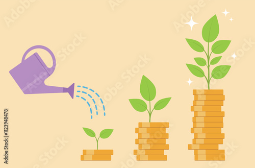 Money tree growth concept with can watering plant with gold coins in pot. Investment, financial management, wealth, savings