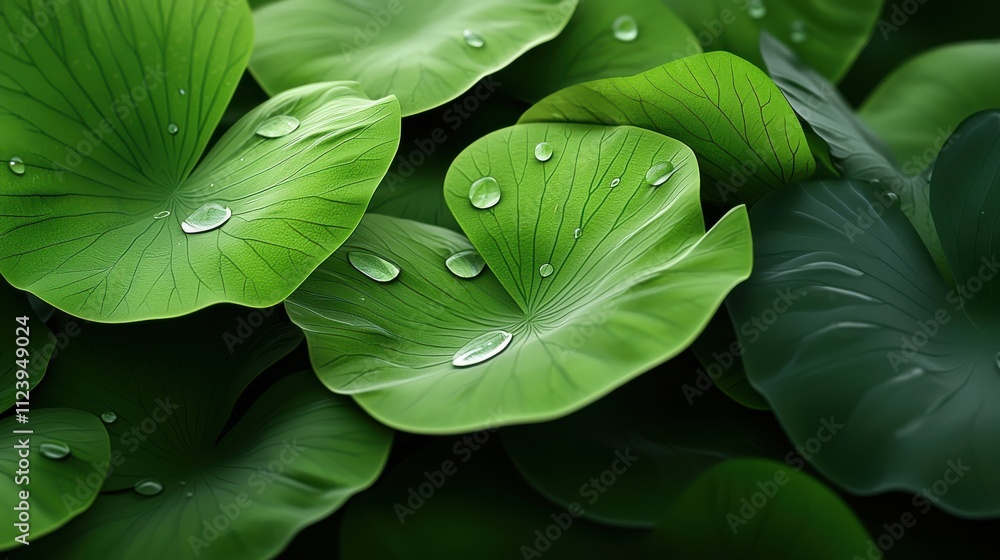 Obraz premium Moisture Healing Curious concept. Lush green leaves with water droplets creating a fresh, natural ambiance.