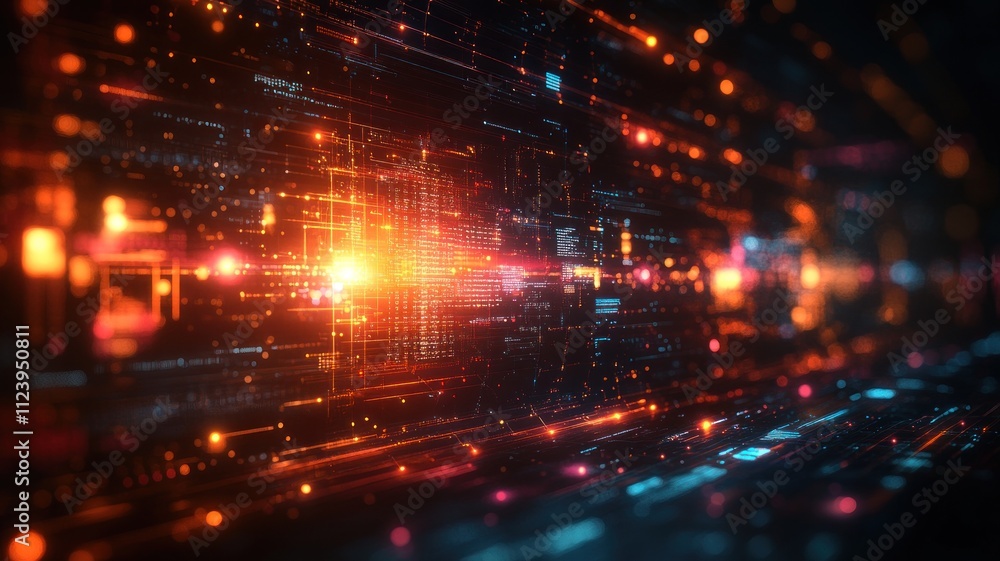 Obraz premium Abstract digital landscape with vibrant lights and data streams.