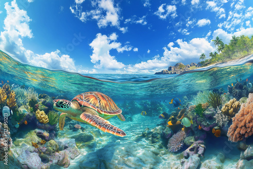 stuninng panoramic view of an underwater scene with colorful coral reefs and a sea turtle swimming with small fishes photo