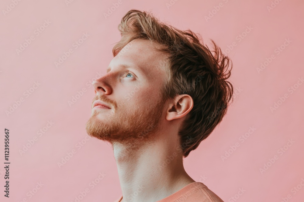 Fototapeta premium Thoughtful Young Man Gazing Upward Against a Soft Pink Background