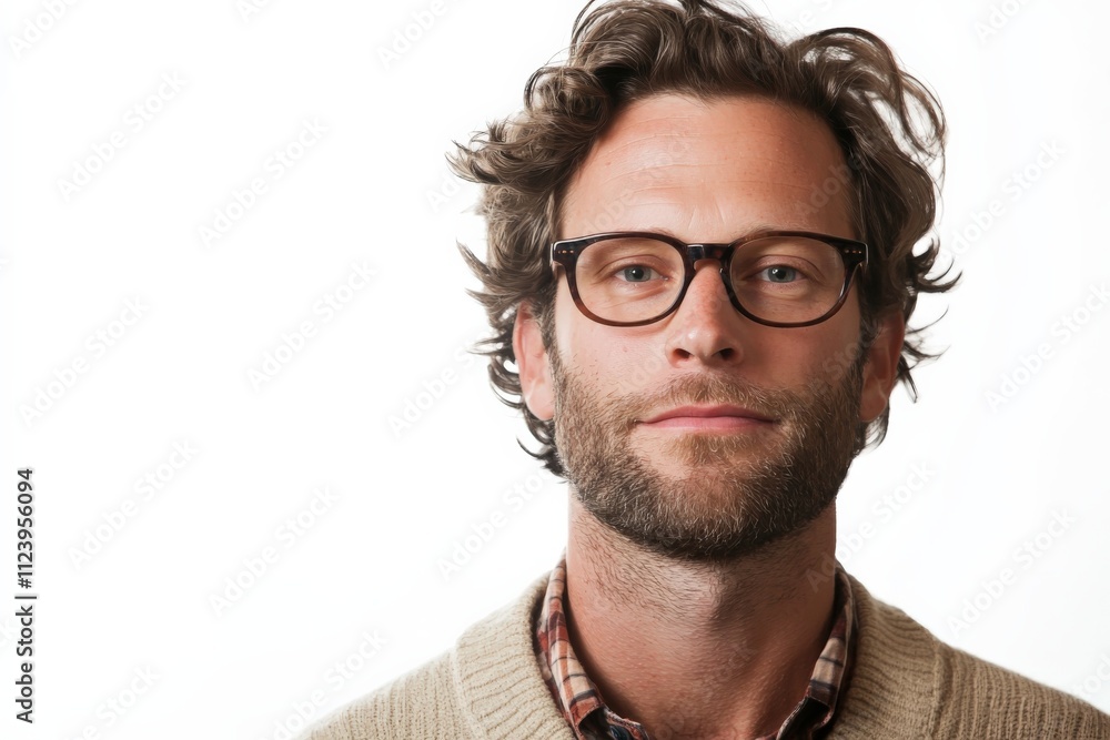 Obraz premium Stylish Young Man with Glasses and Beard Posing Against a White Background