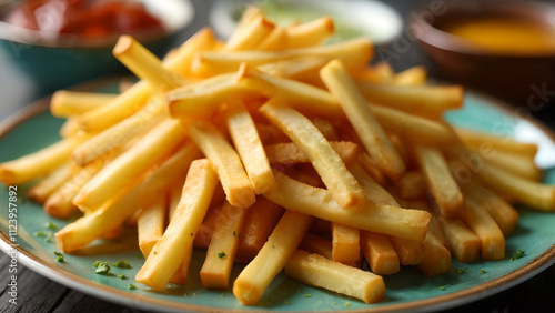 A Close-Up of a Unique Assortment of Frozen French Fries with Creative Dips on a Vibrant Plate