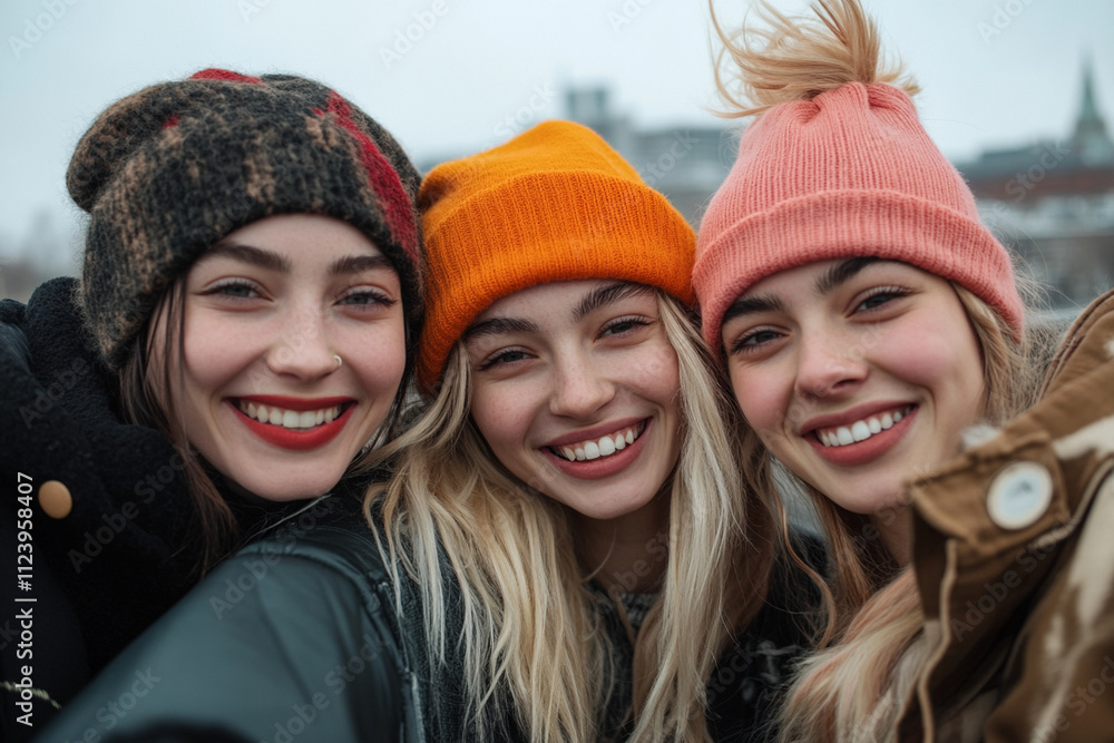 Fototapeta premium Friends enjoy a winter day together in the city