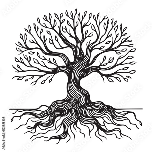 One continuous single drawing black line art doodle of a tree with twisting branches and roots