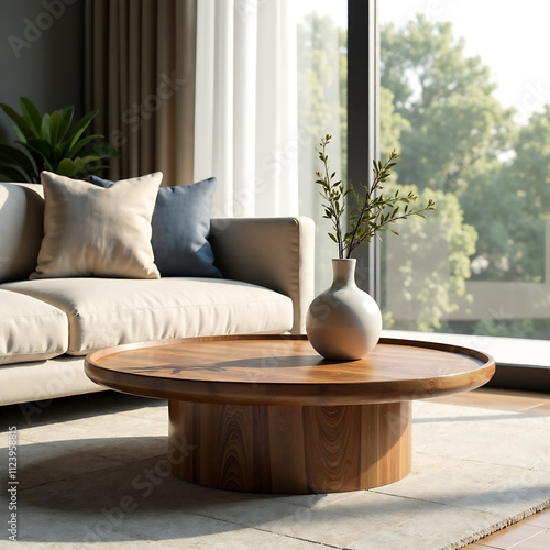 Close up of round wooden coffee table and vase on it near sofa against window. Minimalist interior design of modern living room home.