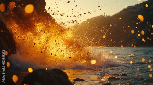 Fiery sunset wave crashing against rocks, sparks and water droplets flying.